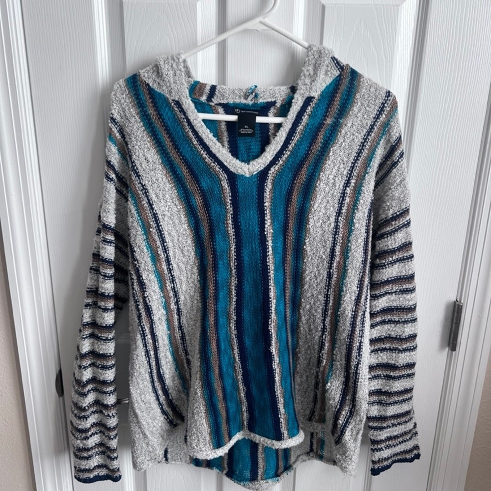 NEW DIRECTIONS Women's Striped Hoodie Pullover Sweater XL Turquoise Blue Gray‎